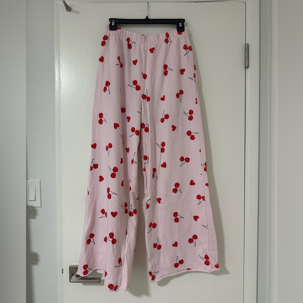 Grayson Threads Light Pink Pajama Pants with Red Heart and Cherries Print
